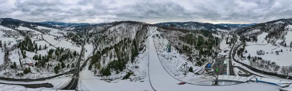 Skocznia narciarska "Malinka" im. Adama Małysza w Wiśle z drona panorama 360